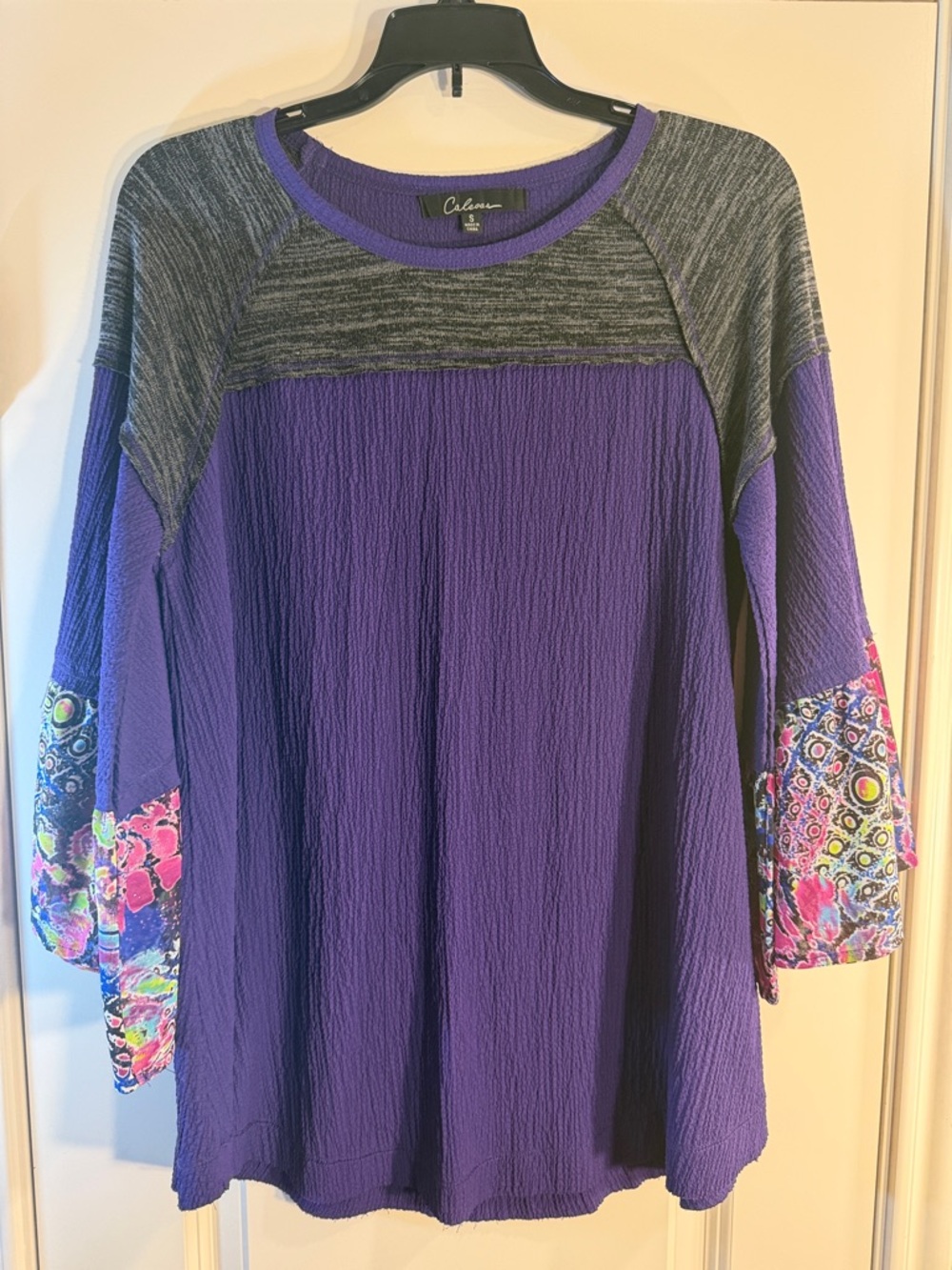 Purple Tunic with Gray Yoke and Floral Cuffs - Calessa - Size S